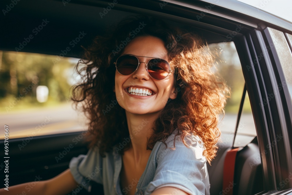 Mujer con cabello rizado y gafas de sol sonríe en viaje por carretera bajo el sol - obrazy, fototapety, plakaty 