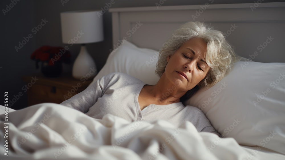 Tired middle aged woman lying in bed Tired middle aged woman lying in bed
