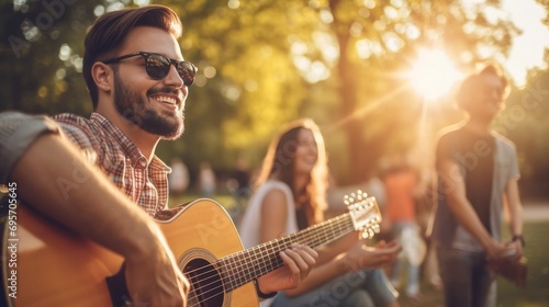 Snapshot of young man playing guitar with friends attend a live music event concert in a park