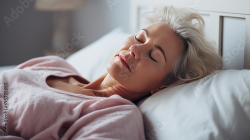 middle aged woman lying in bed can't sleep late at morning  photo