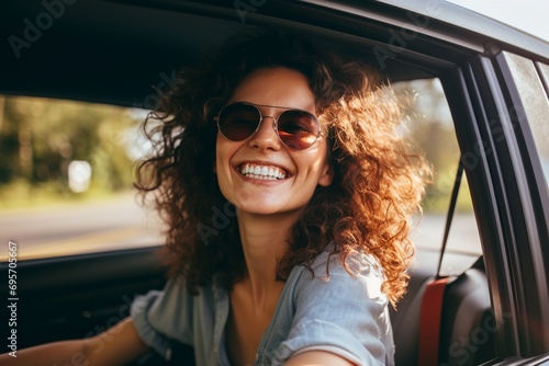Mujer con cabello rizado y gafas de sol sonríe en viaje por carretera bajo el sol