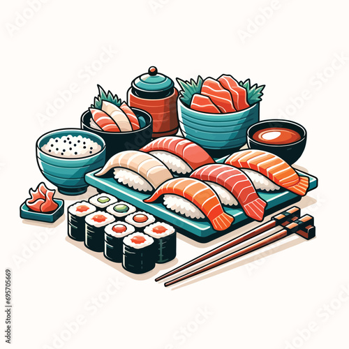 sushi and sashimi flat vector illustration