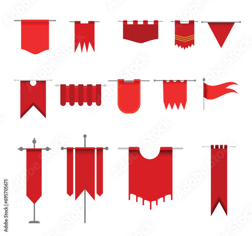 Medieval Banner Vector Illustration Set With Clip Art White Background And Banner Isolated Symbol. Medieval Flag, Vintage Ribbon textile set. 