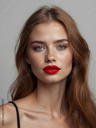 Beautiful sexy woman with long brown hair. Portrait of a fashion model with bright red lipstick on the lips