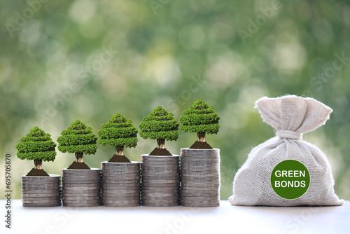 Green bonds,Trees growing on coins money and money bag with green bonds word on natural green background, investment and business concept photo