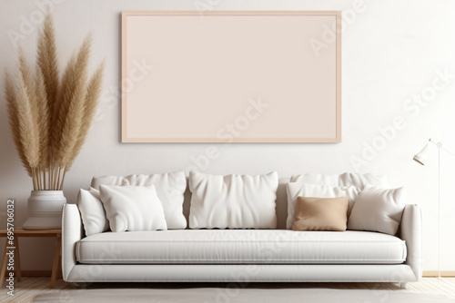 a white couch with pillows and a picture frame