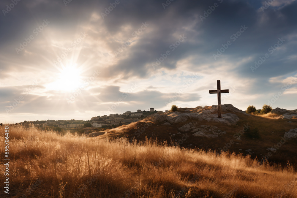 Obraz premium a cross on a hill with a sun in the background