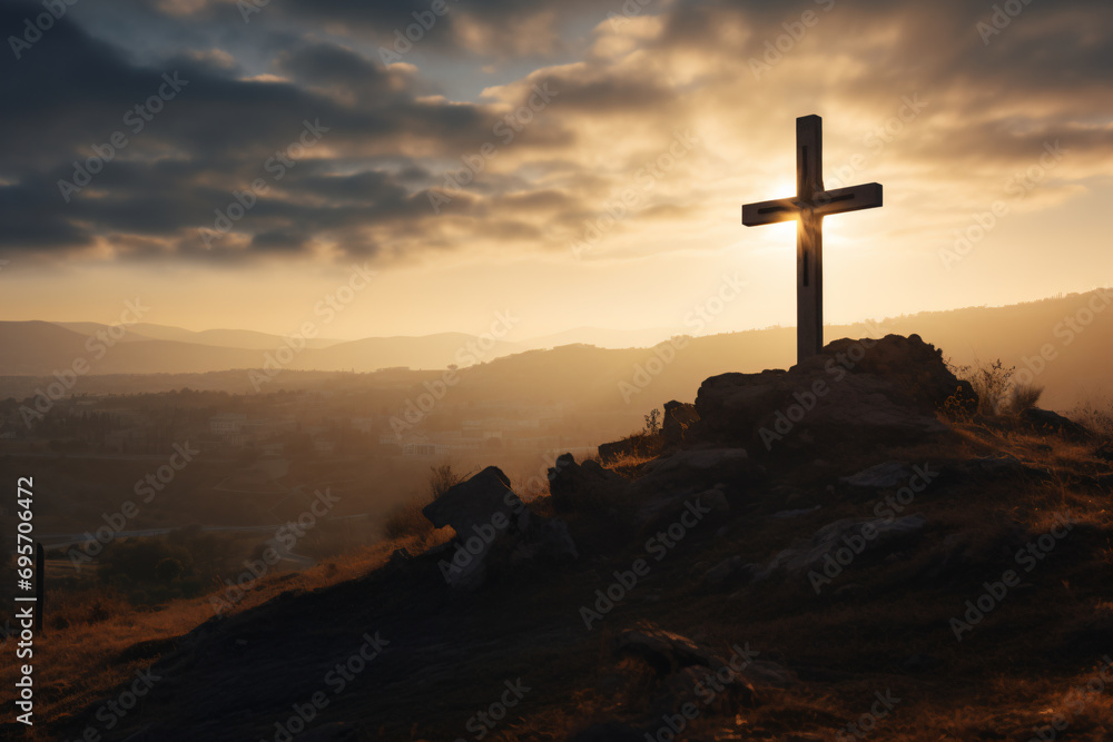 a cross on a hill with a sunset in the background