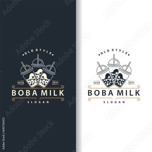 Boba Drink Logo, Milk Tea Cute Boba Pearl Jelly Drink Bubble Vector Simple Minimalist Design