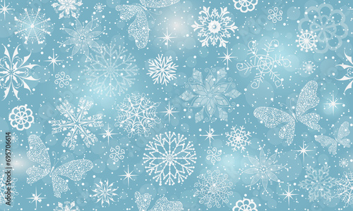 Vector hand drawn Christmas seamless pattern with snowflakes and stars snd butterflies on a blue gradient background