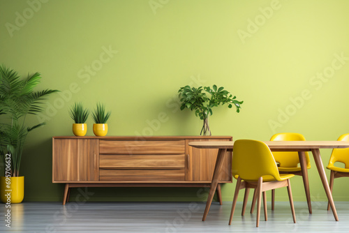 a dining room with a table and yellow chairs