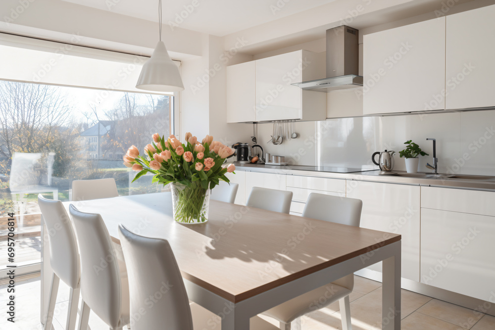 a kitchen with a table and chairs and a vase of flowers