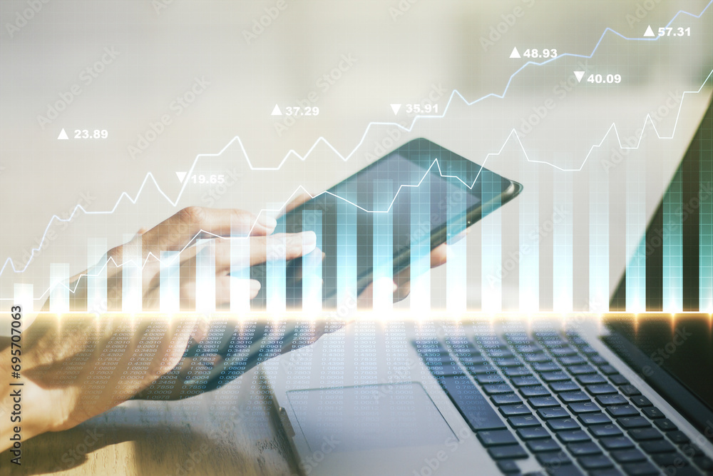 Multi exposure of abstract creative financial graph with finger presses on a digital tablet on background, forex and investment concept Multi exposure of abstract creative financial graph with finger presses on a digital tablet on background, forex and investment concept