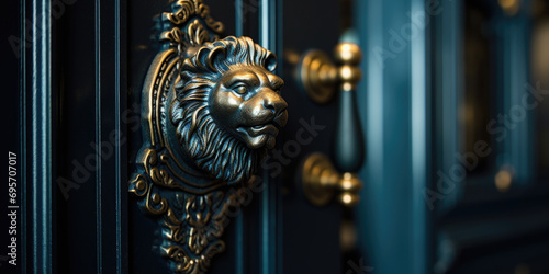 Lion Door Knocker on Classic Blue Door photo