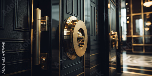 Bold Golden Door Lock on Luxurious Black Door photo