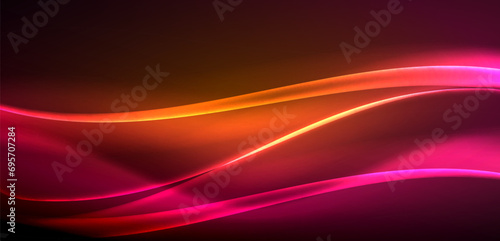 Dynamic waves in ethereal glow of neon lights. Concept merges fluidity of motion with vibrant allure of neon, crafting entrancing backdrop that embodies both vitality and futuristic sophistication