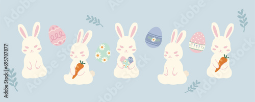 Hand drawn illustration set of cute easter bunny rabbit in different poses and easter eggs decorative elements. For poster, card, scrapbooking , tag, invitation, headboard