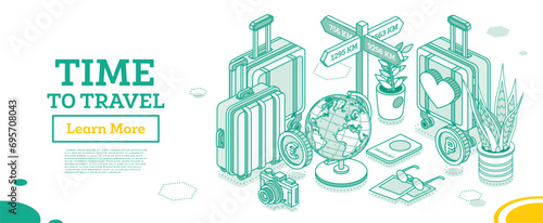 Time to travel. Isometric outline touristic concept. Travel bags, suitcases, passport, foto camera, globe and money.