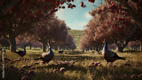 shot of turkeys beneath apple trees