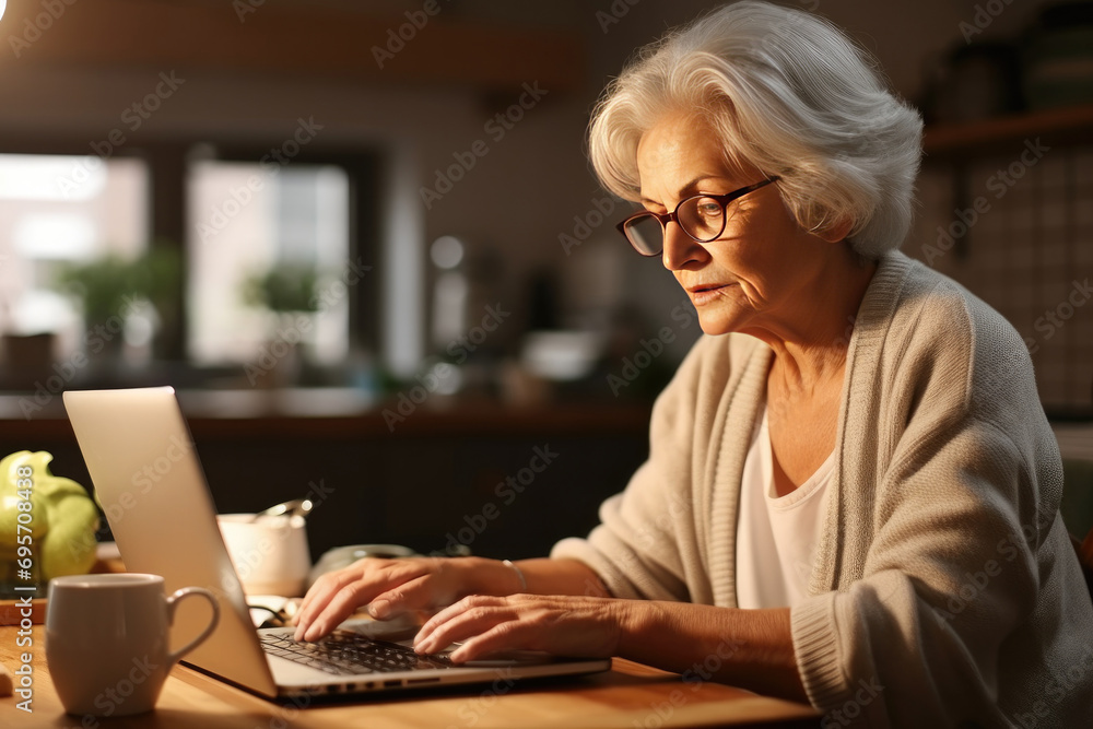 Senior woman working on laptop in home kitchen. Remote work and technology. Senior woman working on laptop in home kitchen. Remote work and technology.
