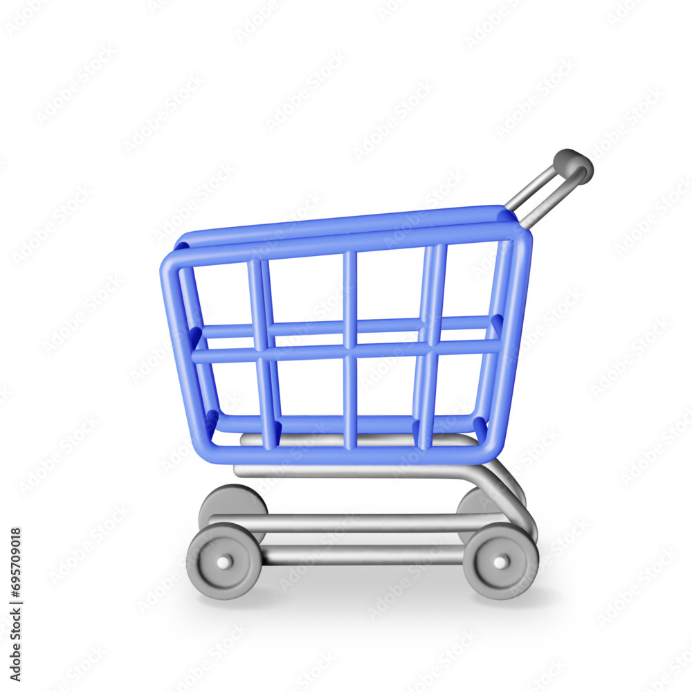 3D Blue Shopping Cart Isolated on White. Render Realistic Shopping Trolley Icon. Empty Shopping Supermarket Basket Front View. Cartoon Vector Illustration 3D Blue Shopping Cart Isolated on White. Render Realistic Shopping Trolley Icon. Empty Shopping Supermarket Basket Front View. Cartoon Vector Illustration