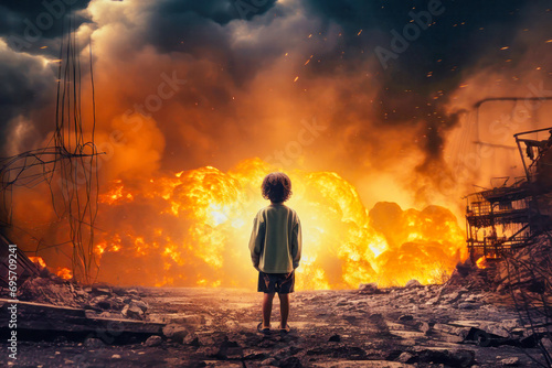Violent explosion against the backdrop of the house. A child watches the explosion and fire. Sunset. Apocalypse. War. Nuclear threat. Third World War. Attack on a peaceful city © Anoo