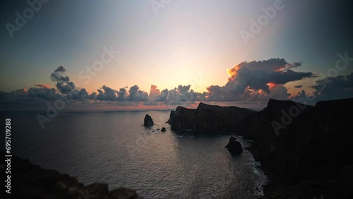 Timelapos at Ponta de São Lourenço Madeira Portugal. Footage shot at sunrise with clouds ocean and beutifull cliffs. photo