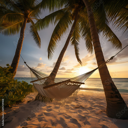 Hammock swaying between two palm trees on a tropical island. © Cao