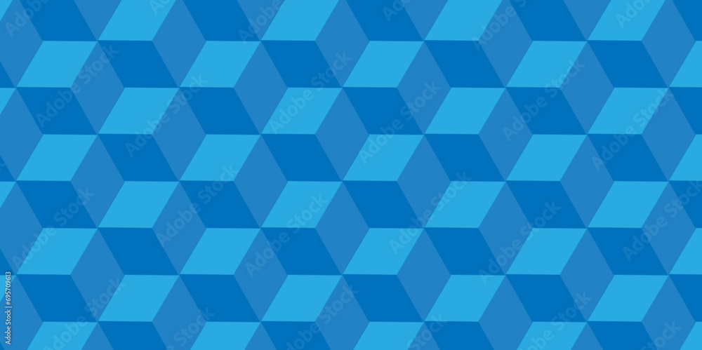 Obraz premium Abstract cubes geometric tile and mosaic wall or grid backdrop hexagon technology. blue geometric block cube structure. Seamless geometric pattern grid backdrop triangle abstract background.