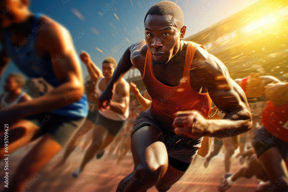 Athletic man leading in competitive race at sunset. Determination and sport. Athletic man leading in competitive race at sunset. Determination and sport.