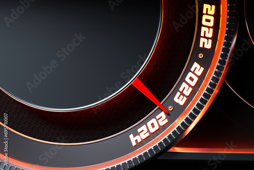 3D illustration close up black speedometer with cutoffs 2023 2024. The concept of the new year and Christmas in the automotive field. Counting months  time until the new year.