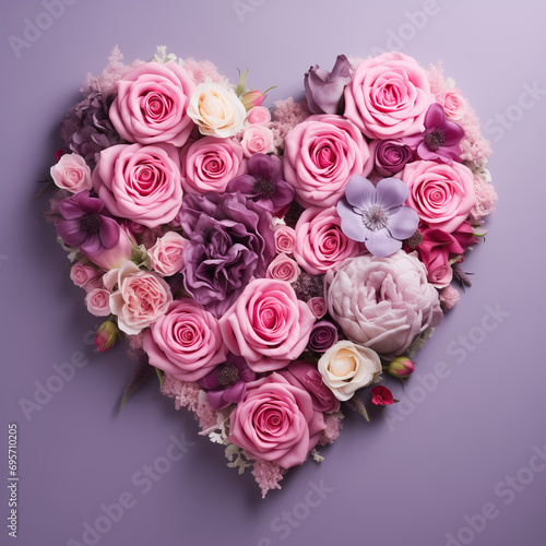 Valentine's day roses in a heart shape on purple background colors, pink and purple on purple color background.