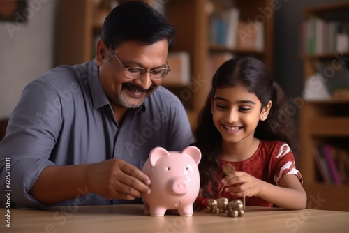 Indian grandfather putting coin in piggy bank with granddaughter