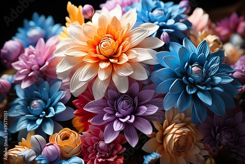 natural neon multi color flowers on dark background generative ai