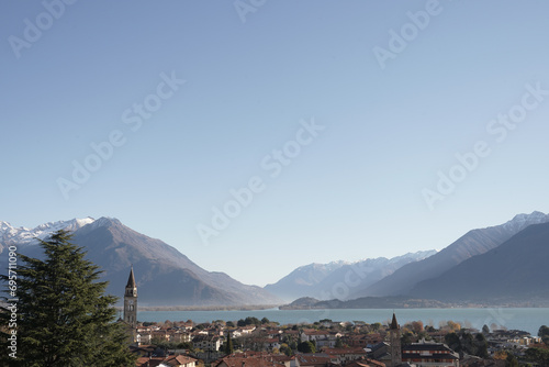 View of a glimpse of Lake Como and the estuary of the Mera river , Gaggio area hamlet of Domaso. Lake Como , Italy