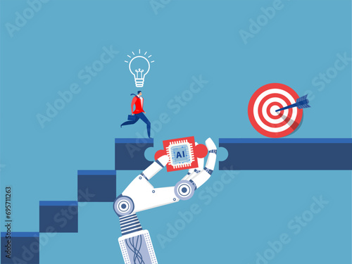 Partnership contact,businessman upstairs with partner robbot  Machine future cooperation Partnership and robot concept, vector illustration in flat style