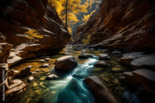 A clear stream meandering through a rocky canyon, with sunlight dappling the water's surface