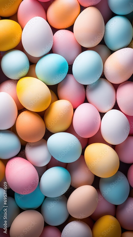 Lots of Easter eggs and feathers in trendy pastel candy colors. Festive background.