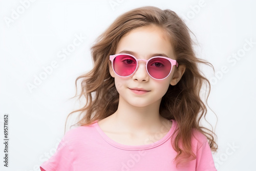 a little girl wearing pink sunglasses and a pink shirt