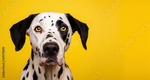 Intense Gaze of a Spotted Dalmatian Dog on Bright Yellow Background