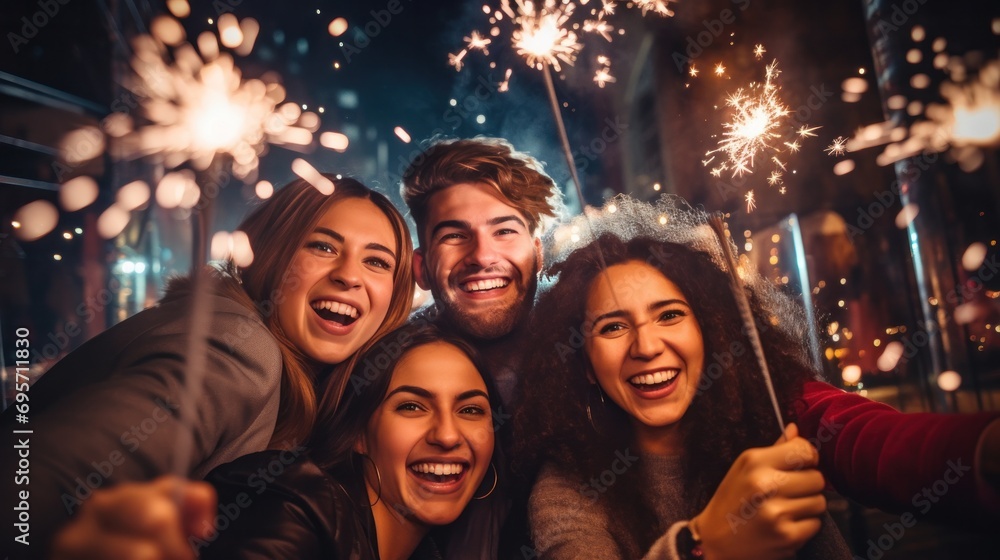 Group of friends having fun with sparklers celebrating. Party, holidays, team smiling friends with sparklers having fun at night club, happiness, night, lifestyles, nightlife, evening.