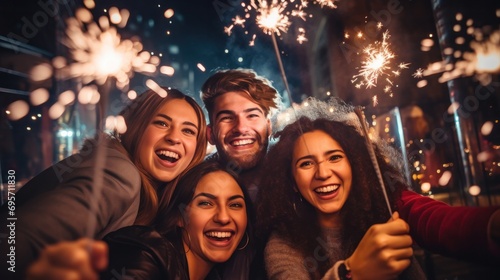 Group of friends having fun with sparklers celebrating. Party, holidays, team smiling friends with sparklers having fun at night club, happiness, night, lifestyles, nightlife, evening. photo