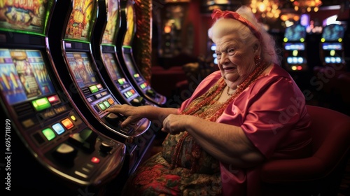 portrait of elderly gambler woman playing slot machine in casino photo