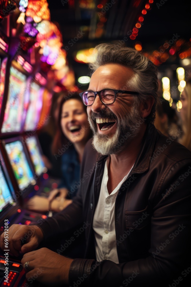 a group of men and women in their 60s sitting and standing at a bank of slot machines smiling