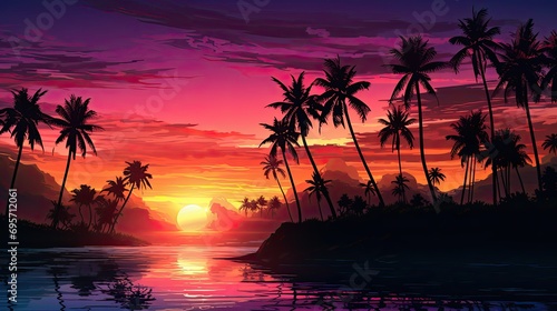 Silhouette Of Palm Trees at Tropical Sunrise © paisorn