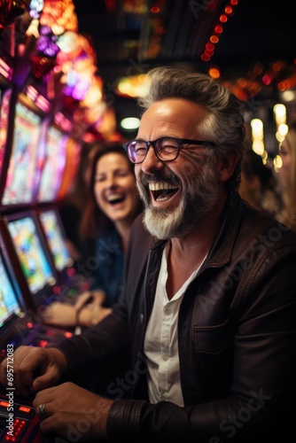 a group of men and women in their 60s sitting and standing at a bank of slot machines smiling