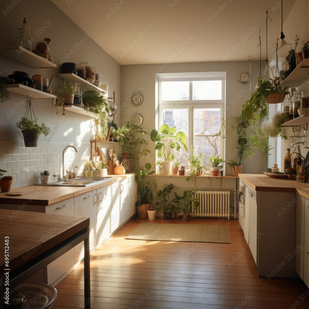 Mediterranean Style Kitchen with Sunlit Window, Flower Pots, and Shelves Mediterranean Style Kitchen with Sunlit Window, Flower Pots, and Shelves