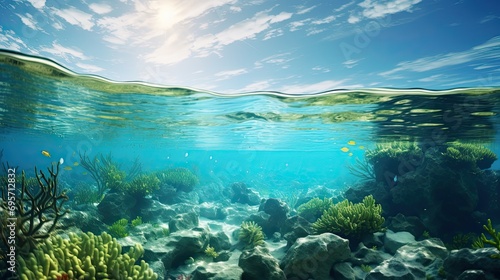 Split underwater view with sunny sky and serene sea