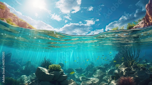 Split underwater view with sunny sky and serene sea photo
