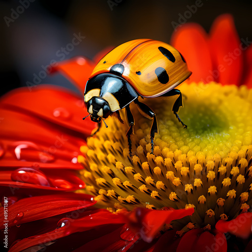 Ladybug exploring the petals of a vibrant, blooming sunflower.
